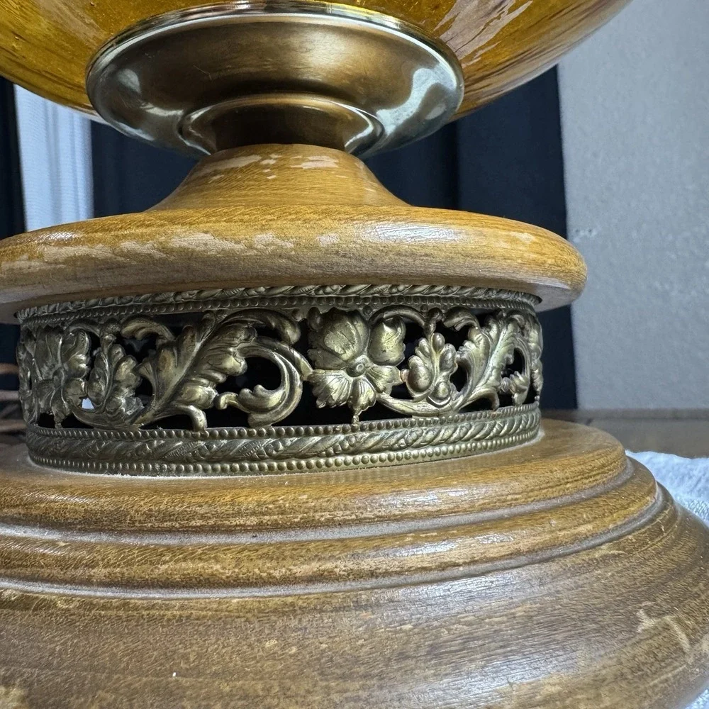 VTG Amber Swirled Optic Glass Table Lamp MCM Embossed Metal Wood Base 28